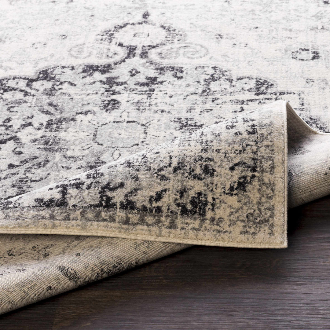 Rolled-up vintage-style rug with intricate patterns on a wooden floor.

Bodrum Gray Area Rug