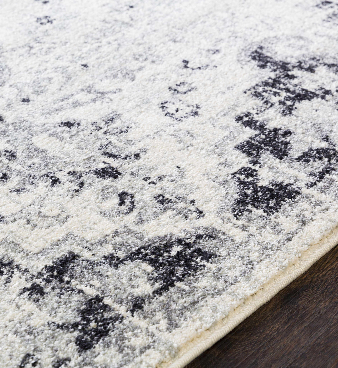 Close-up of a textured white and black rug on a wooden floor.

Bodrum Gray Area Rug