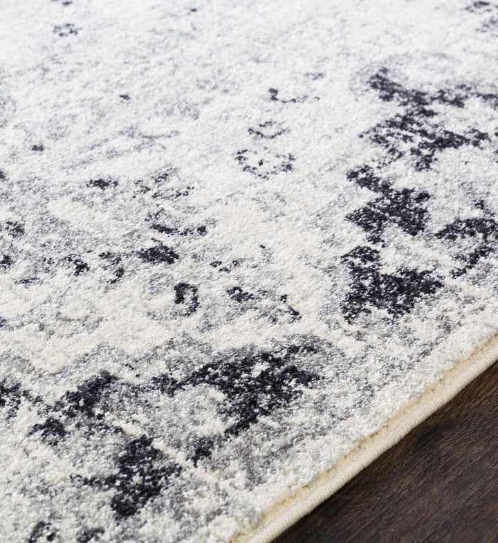 Close-up of a textured white and black rug on a wooden floor.

Bodrum Gray Area Rug