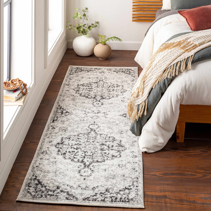 Long rectangular rug on a wooden floor in a room with a bed and decorative items.

Bodrum Gray Area Rug