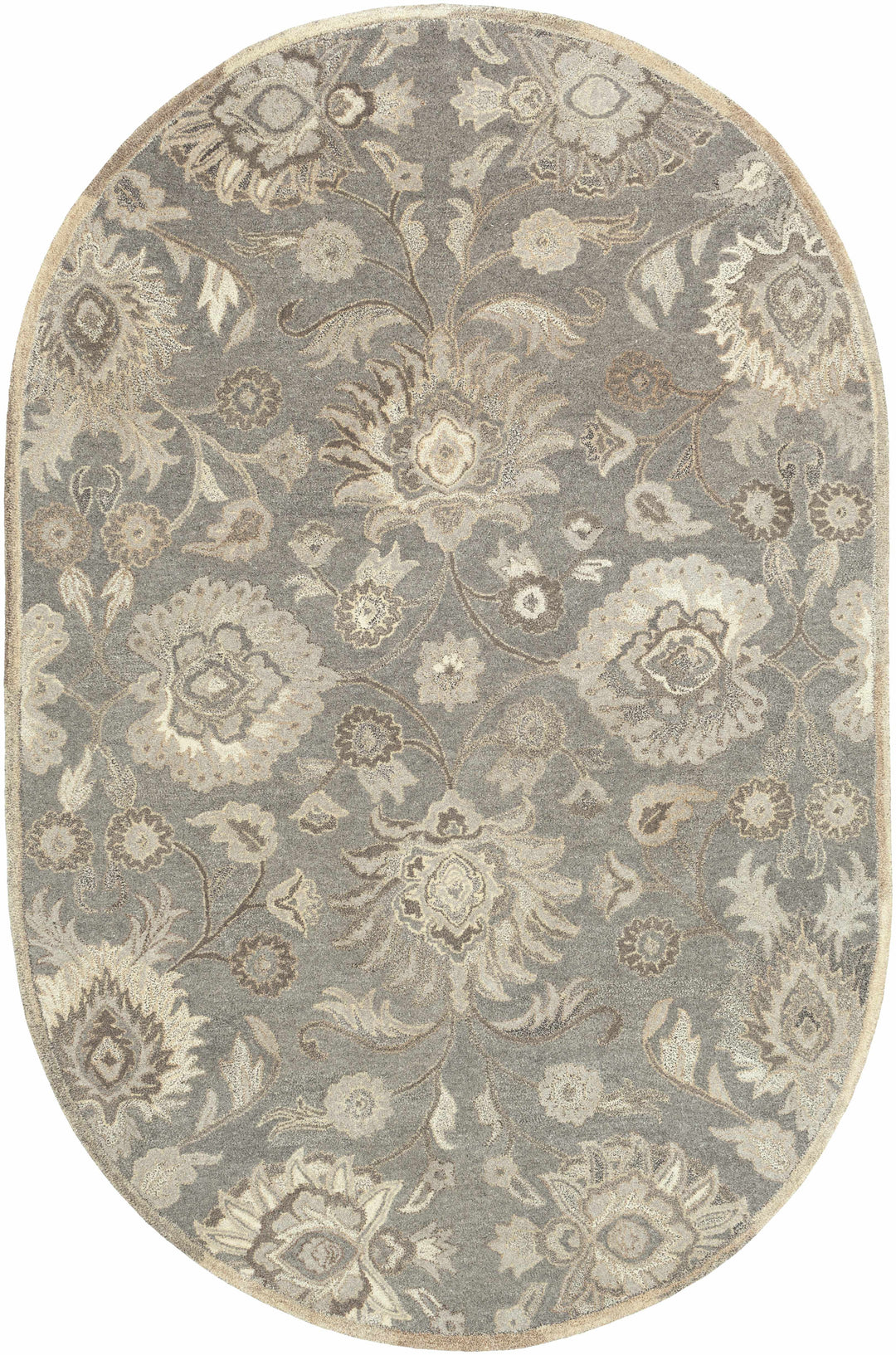 Oval-shaped floral patterned rug with gray and beige colors on a white background

Conesus 1195 Hand Tufted Ivory & Taupe Wool Rug