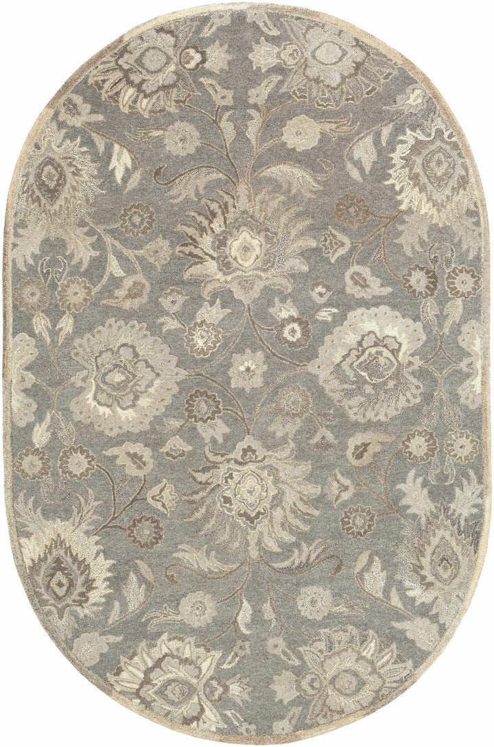 Oval-shaped floral patterned rug with gray and beige colors on a white background

Conesus 1195 Hand Tufted Ivory & Taupe Wool Rug