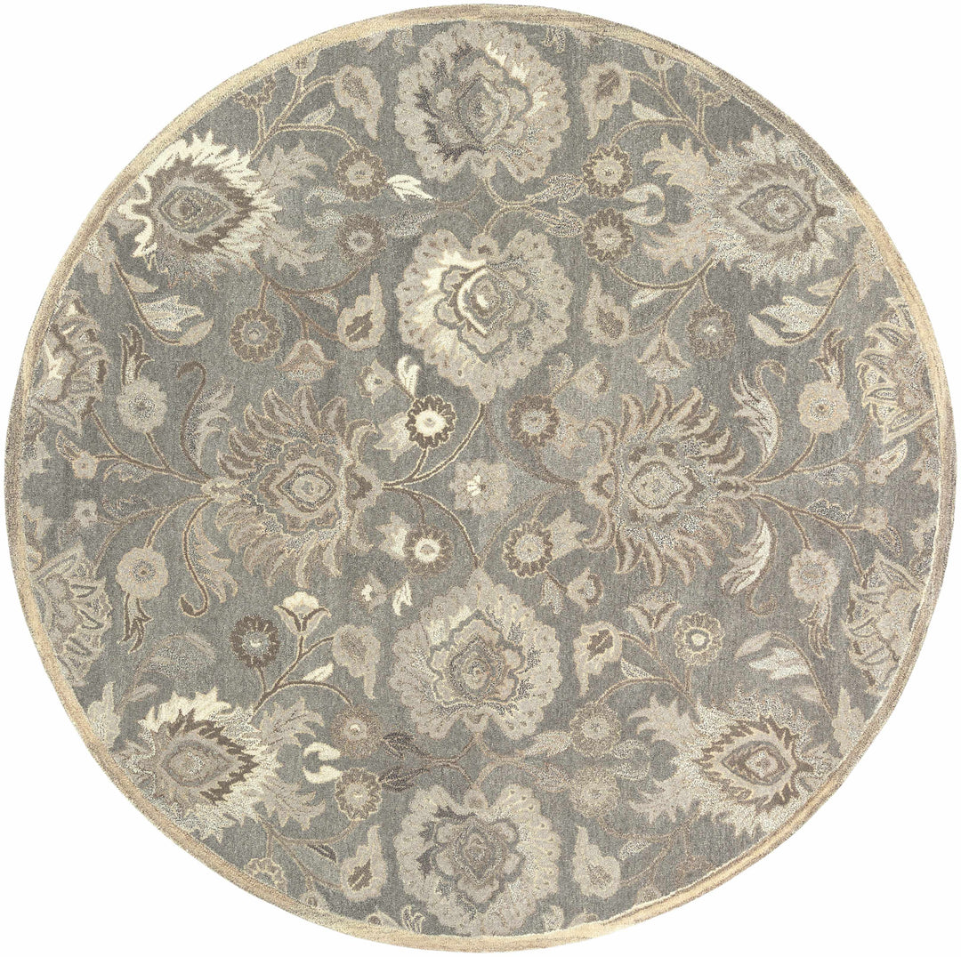 Round floral patterned rug with a beige border on a white background

Conesus 1195 Hand Tufted Ivory & Taupe Wool Rug