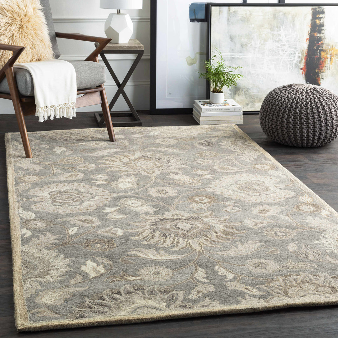 Decorative rug with floral pattern in a living room setting

Conesus 1195 Hand Tufted Ivory & Taupe Wool Rug