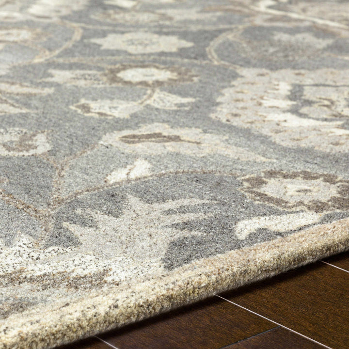 Close-up of a patterned rug with a transition to a wooden floor.

Conesus 1195 Hand Tufted Ivory & Taupe Wool Rug