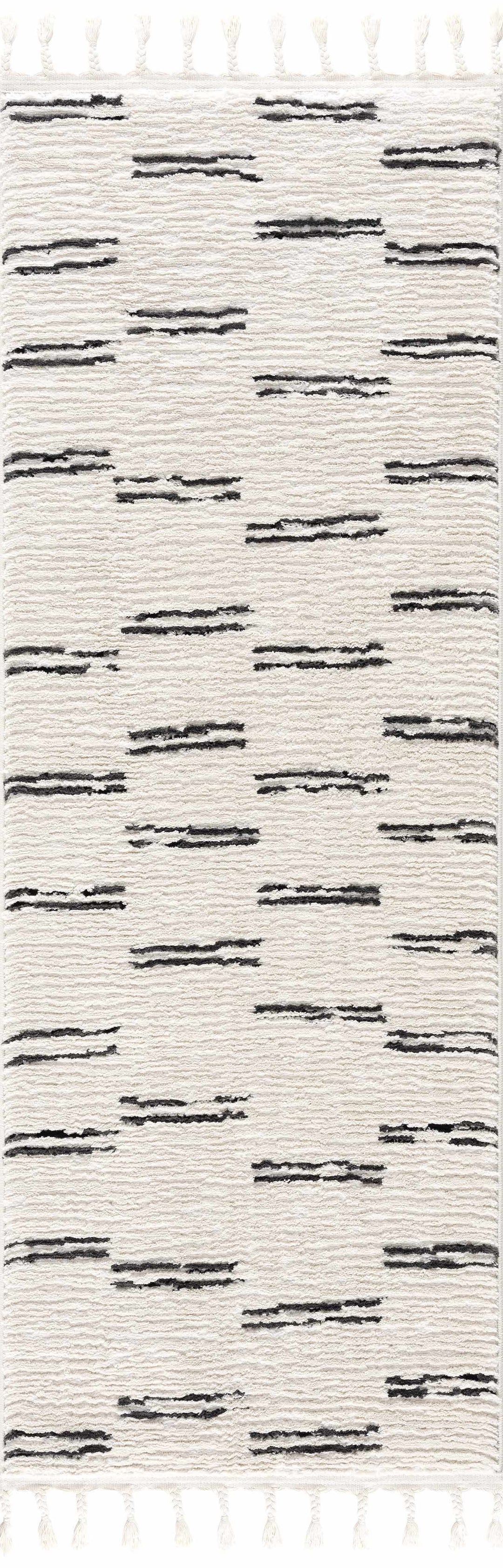 Riad Black Striped White Rug with Tassels