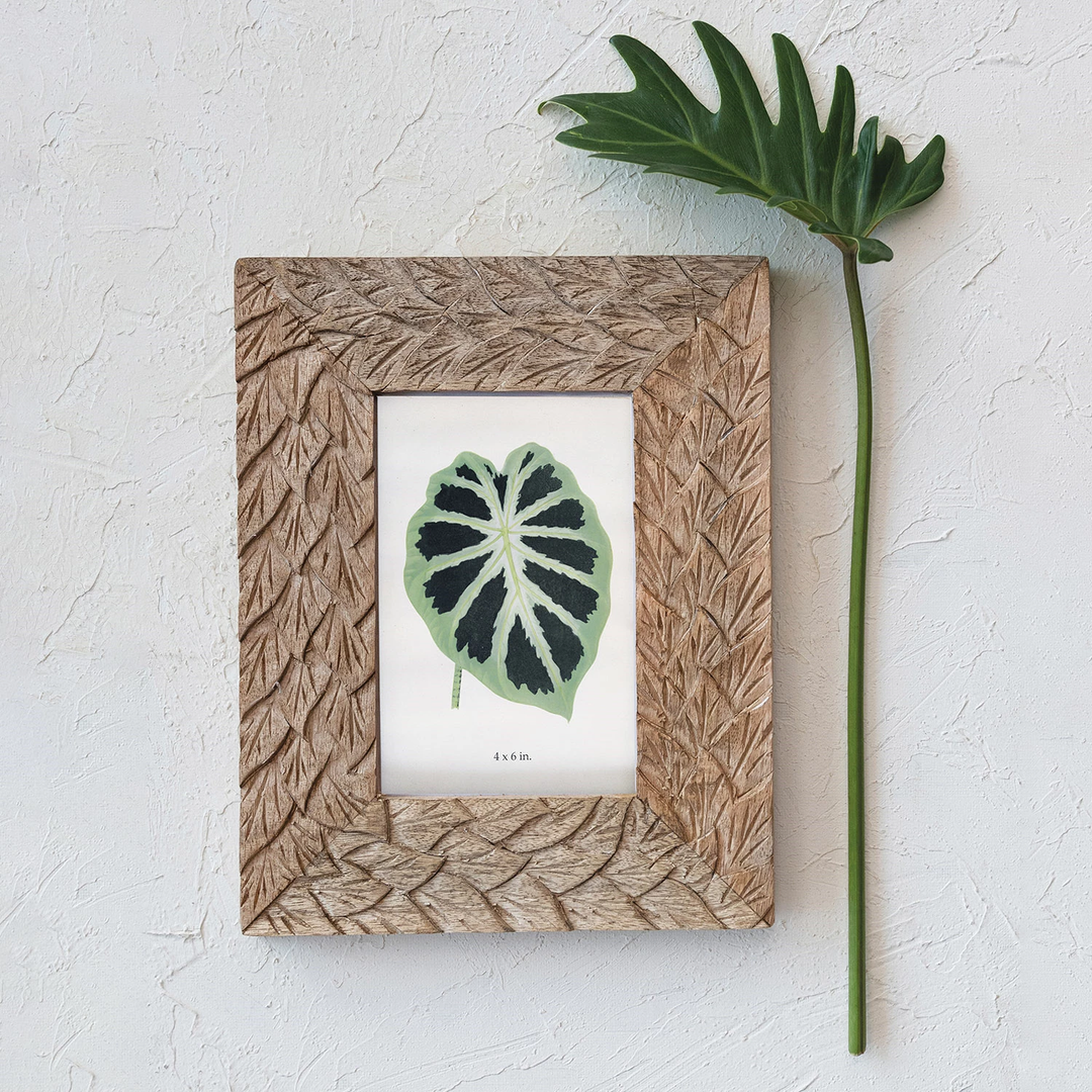 Hand-Carved Mango Wood & Glass Photo Frame, Natural (Holds 4" x 6" Photo)