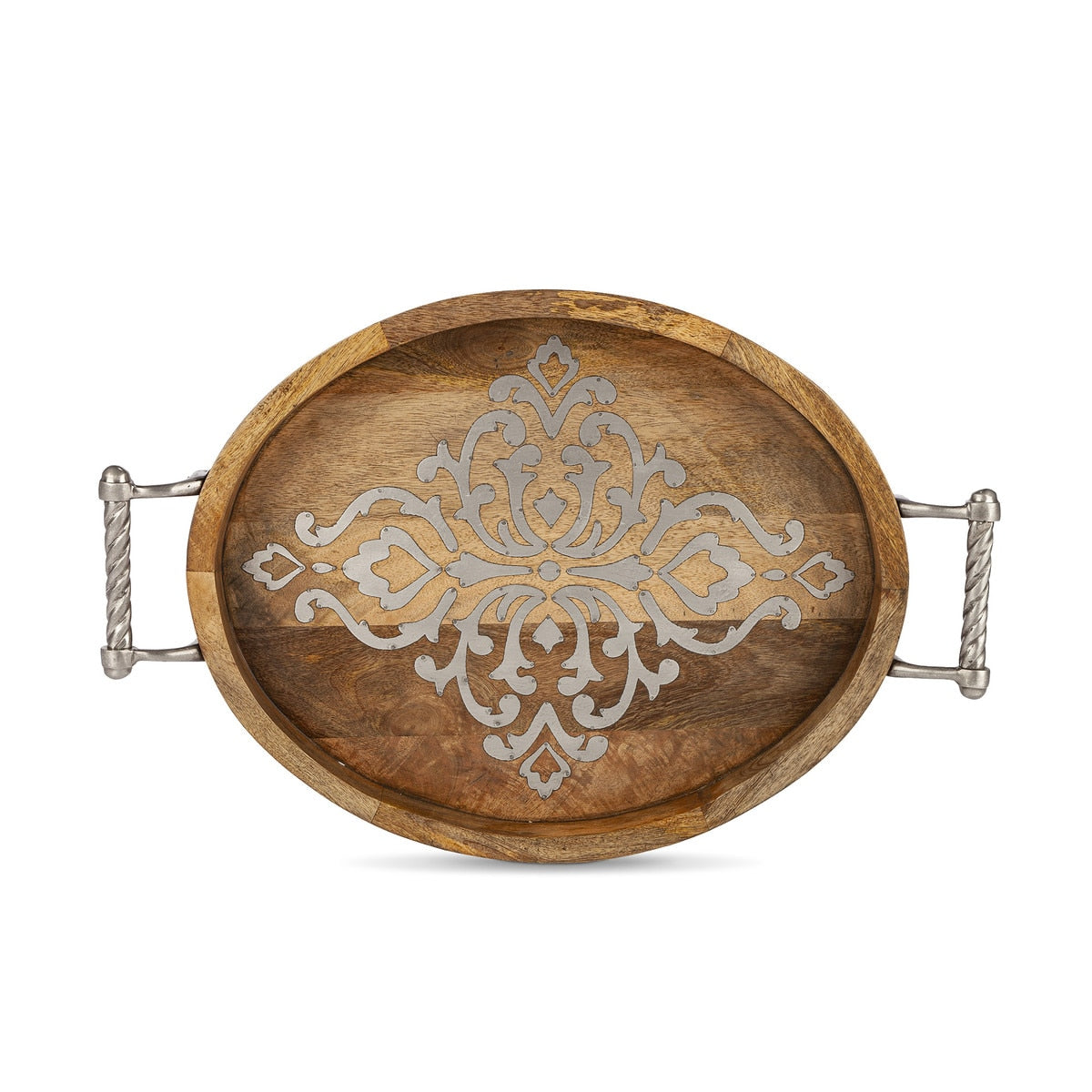 Heritage Inlay Wood Oval Tray with Handles, 20"