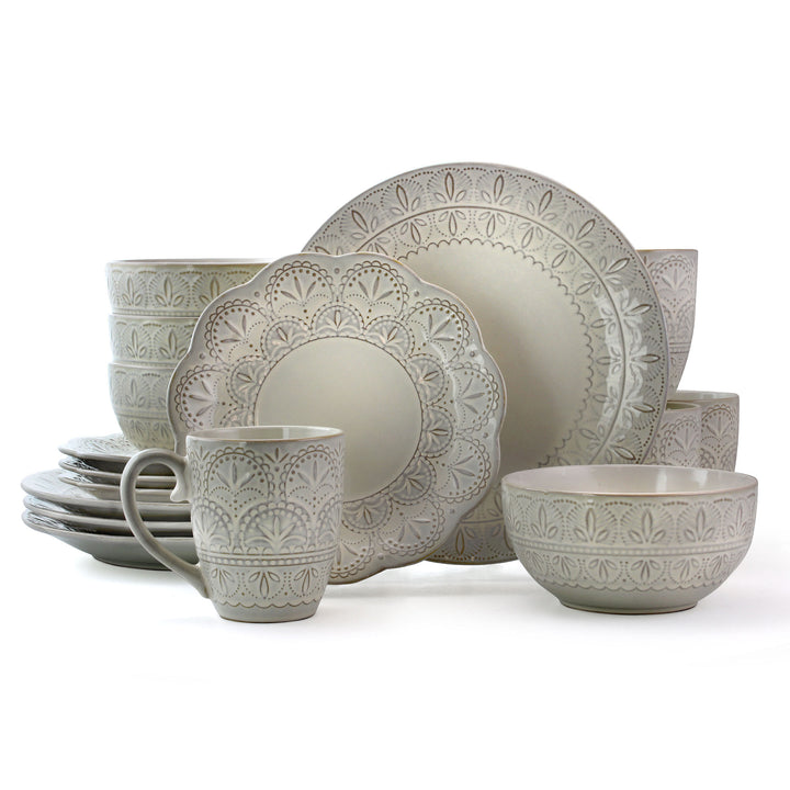 Elama White Lace 16 Piece Luxurious Stoneware Dinnerware with Complete