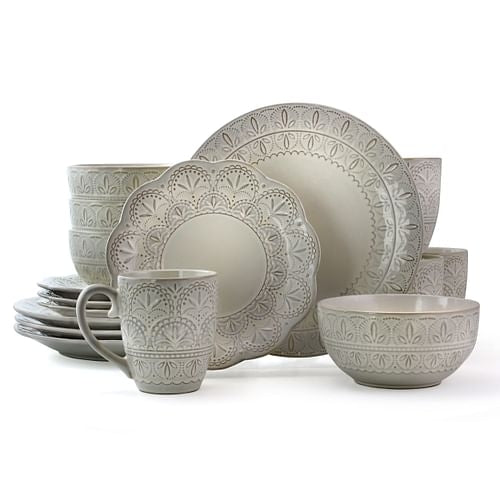 Elama White Lace 16 Piece Luxurious Stoneware Dinnerware with Complete