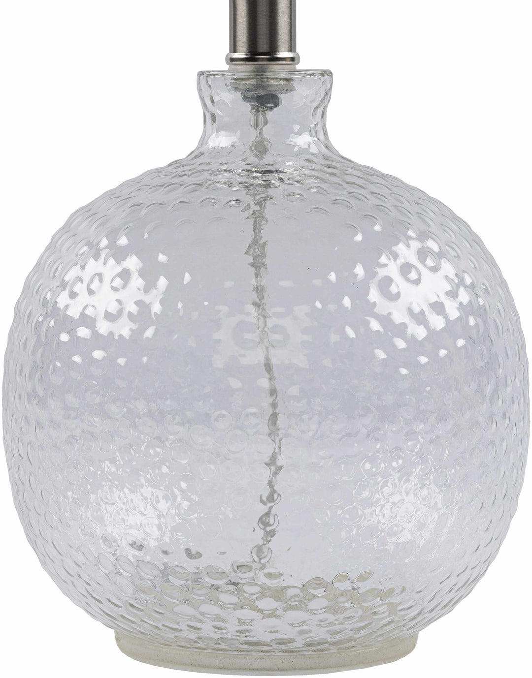 Clear glass lamp with textured surface on a white background

Enetai Glass White Table Lamp
