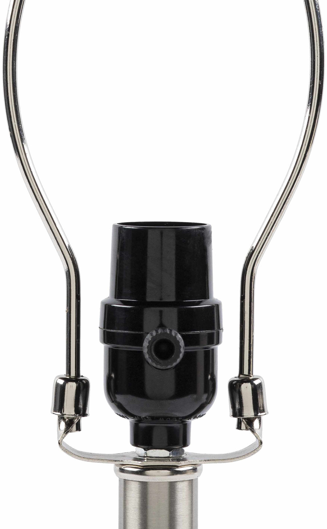 Close-up of a black and silver lamp socket on a white background

Enetai Glass White Table Lamp