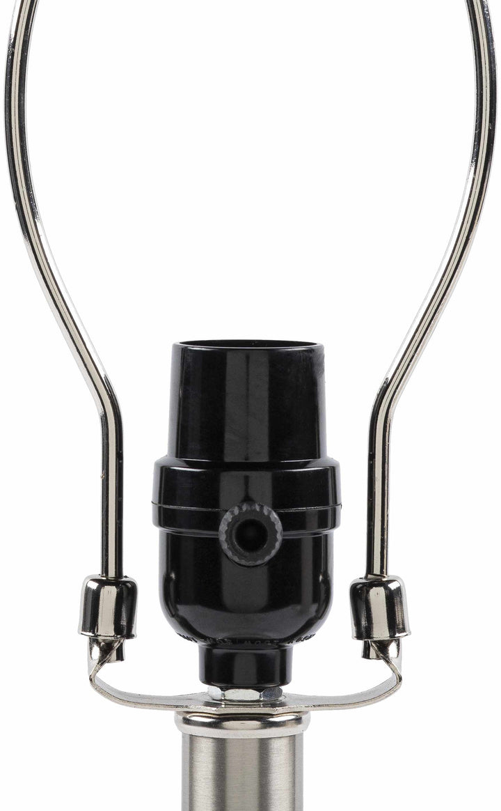 Close-up of a black and silver lamp socket on a white background

Enetai Glass White Table Lamp