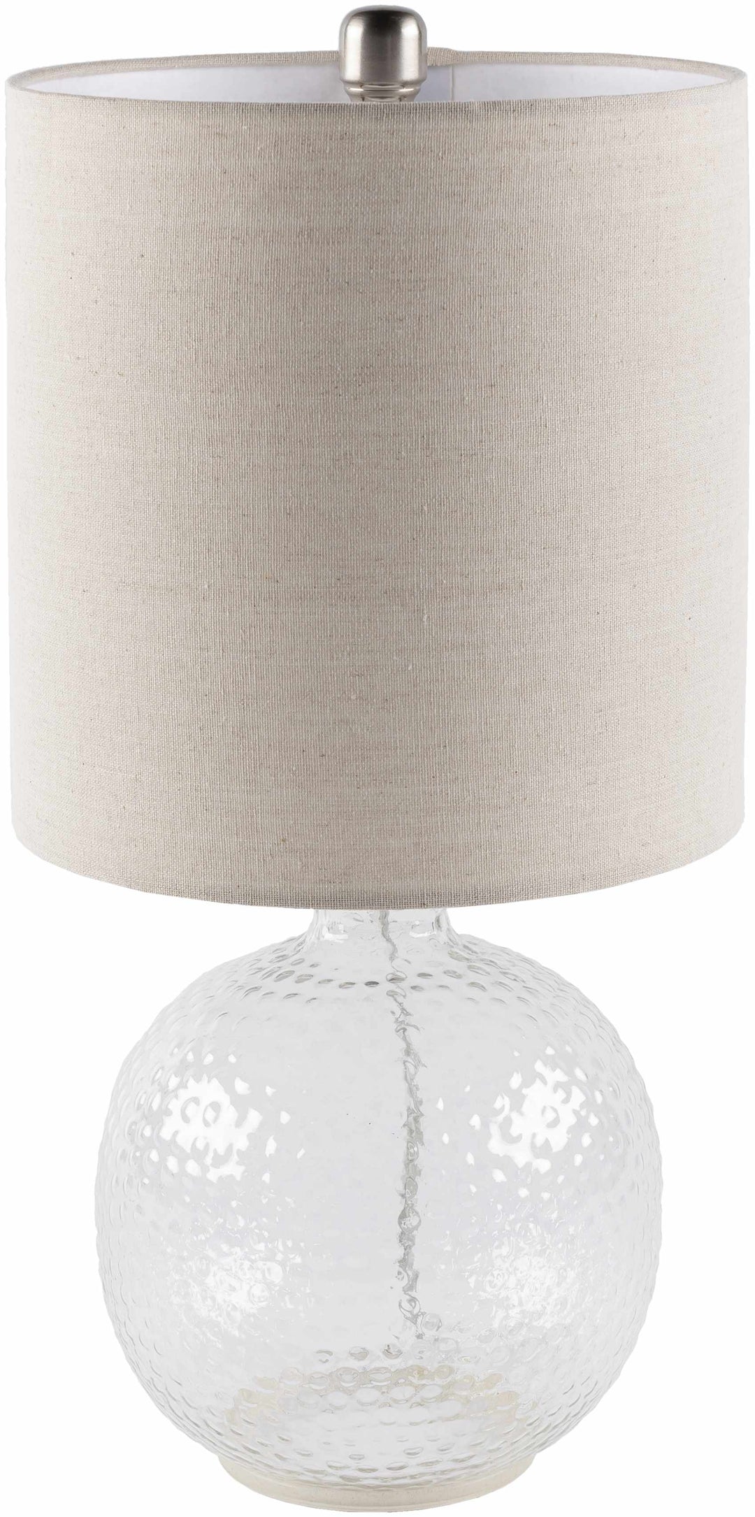 Table lamp with textured white base and beige lampshade on a white background

Enetai Glass White Table Lamp