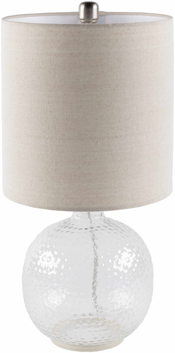 Table lamp with textured white base and beige lampshade on a white background

Enetai Glass White Table Lamp