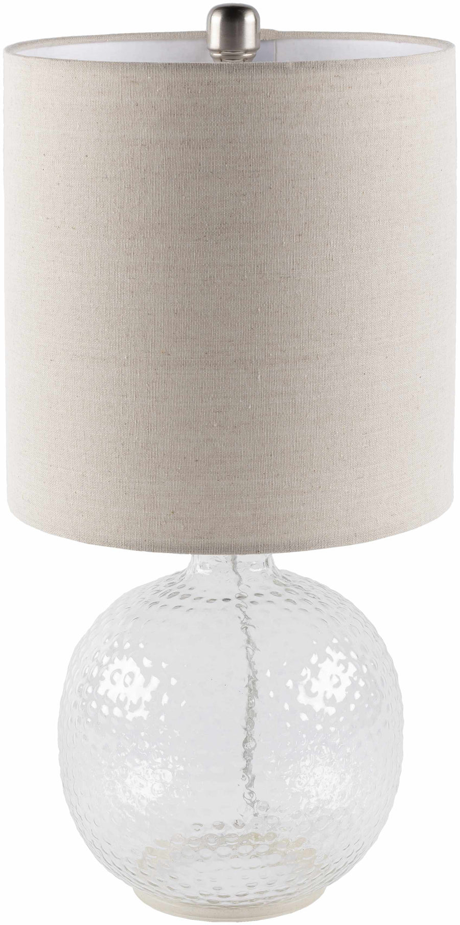 Table lamp with textured white base and beige lampshade on a white background

Enetai Glass White Table Lamp