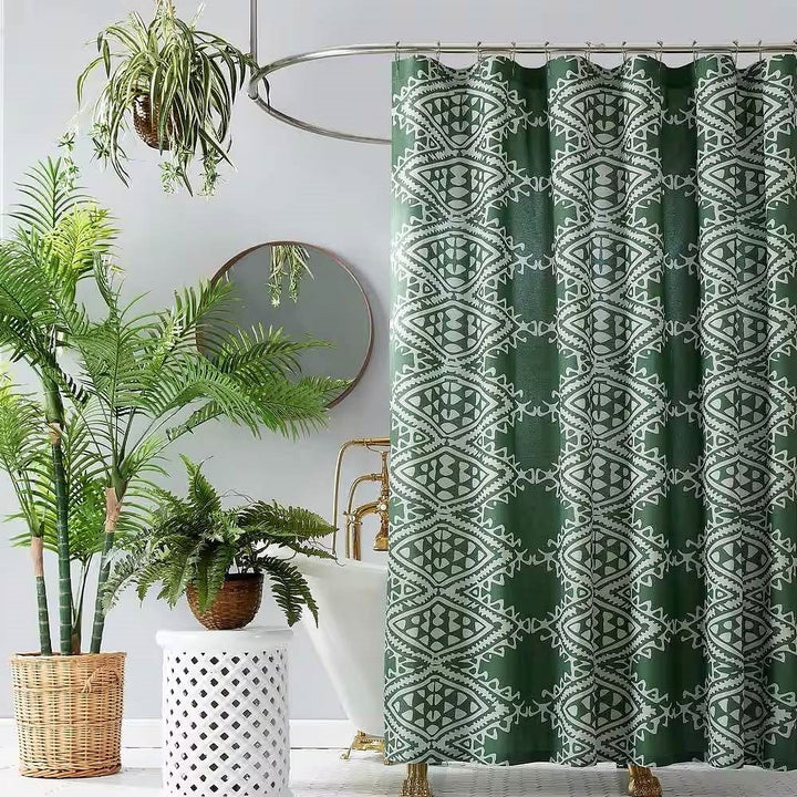 72 x 72 inch Cotton Poly Shower Curtain with Green White Geometric