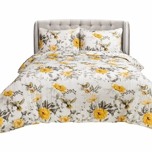 Full/Queen 3 Piece White Yellow Grey Reversible Floral Birds Cotton