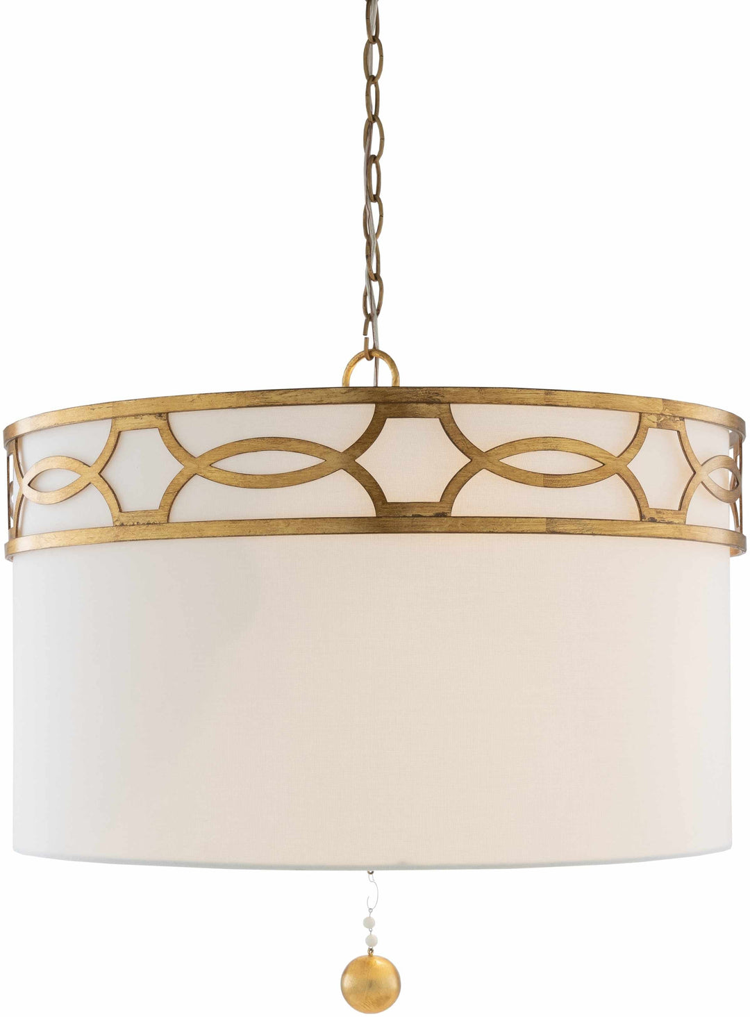 Decorative pendant light with gold metalwork and white fabric shade on a white background

Gassaway Ceiling Light