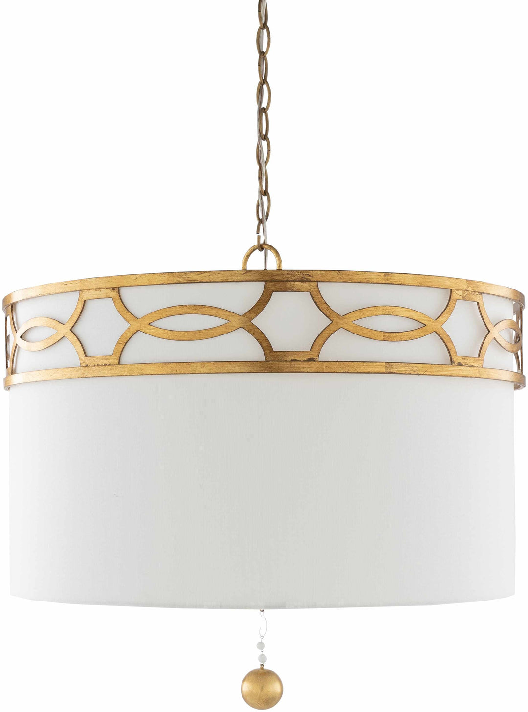Pendant light with gold decorative rim and white shade on a white background

Gassaway Ceiling Light