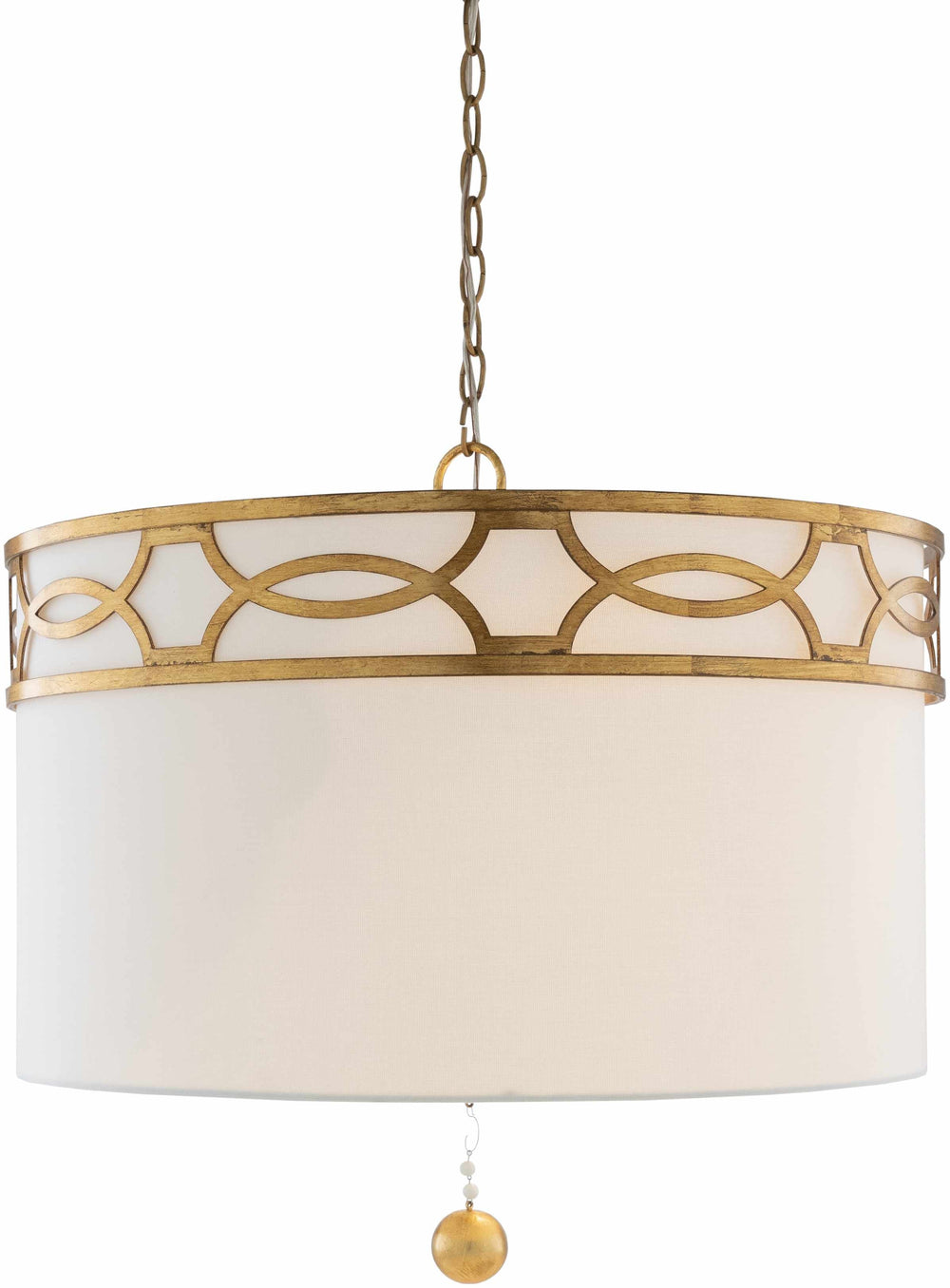 Decorative pendant light with gold metalwork and white fabric shade on a white background

Gassaway Ceiling Light
