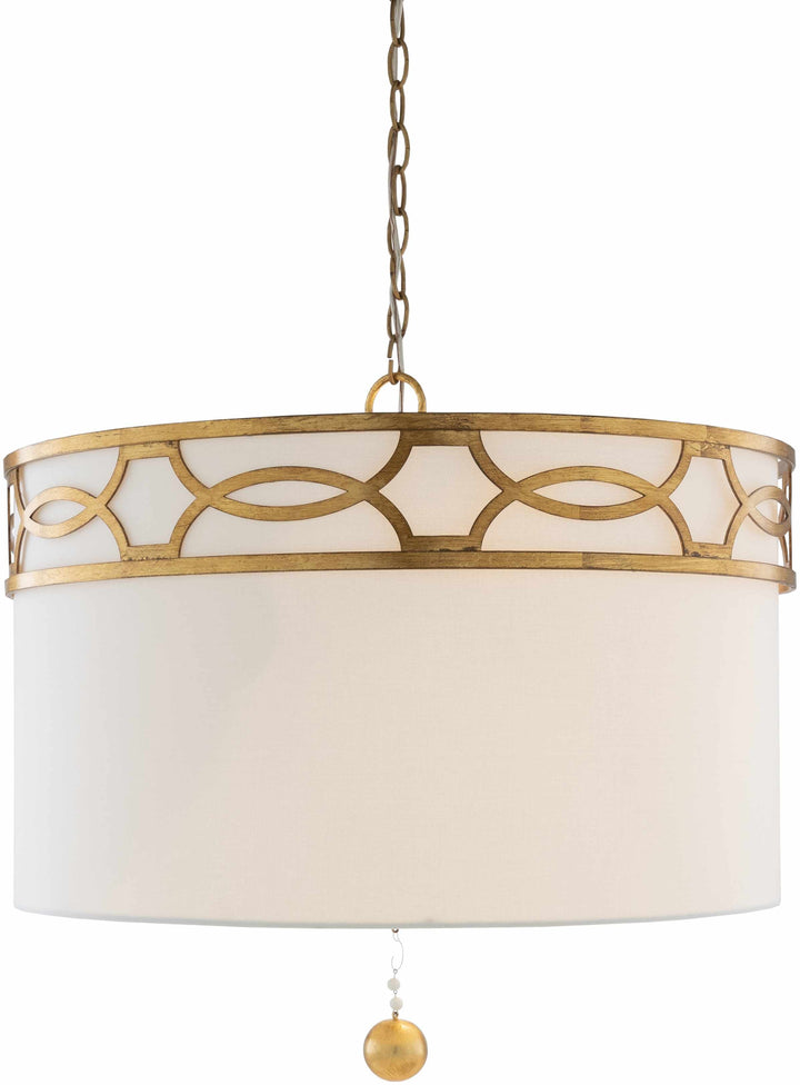 Decorative pendant light with gold metalwork and white fabric shade on a white background

Gassaway Ceiling Light