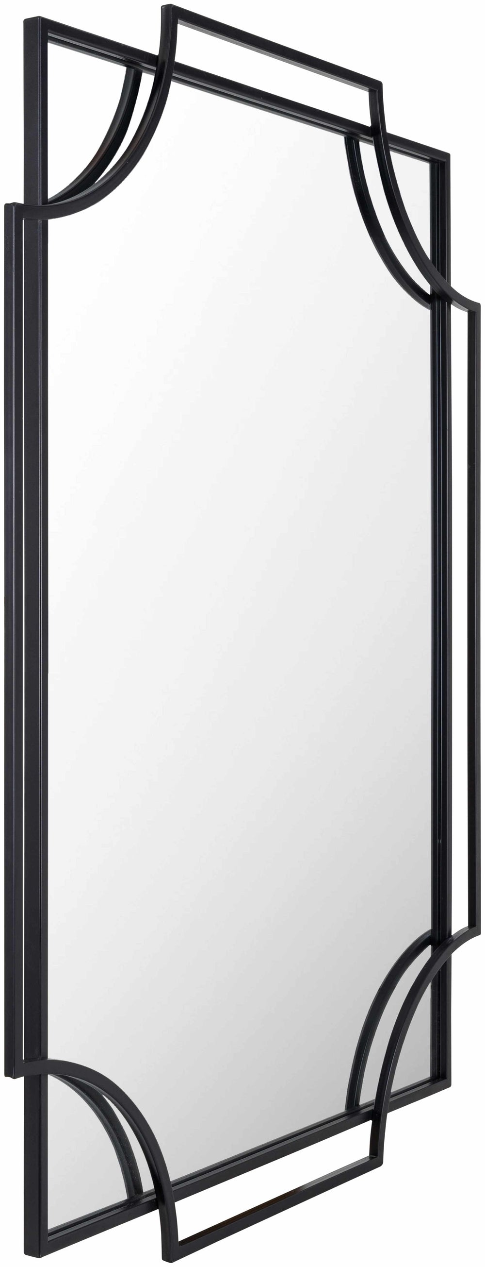 Black metal wall mirror with decorative frame on a white background

Golasecca Black Frame Mirror