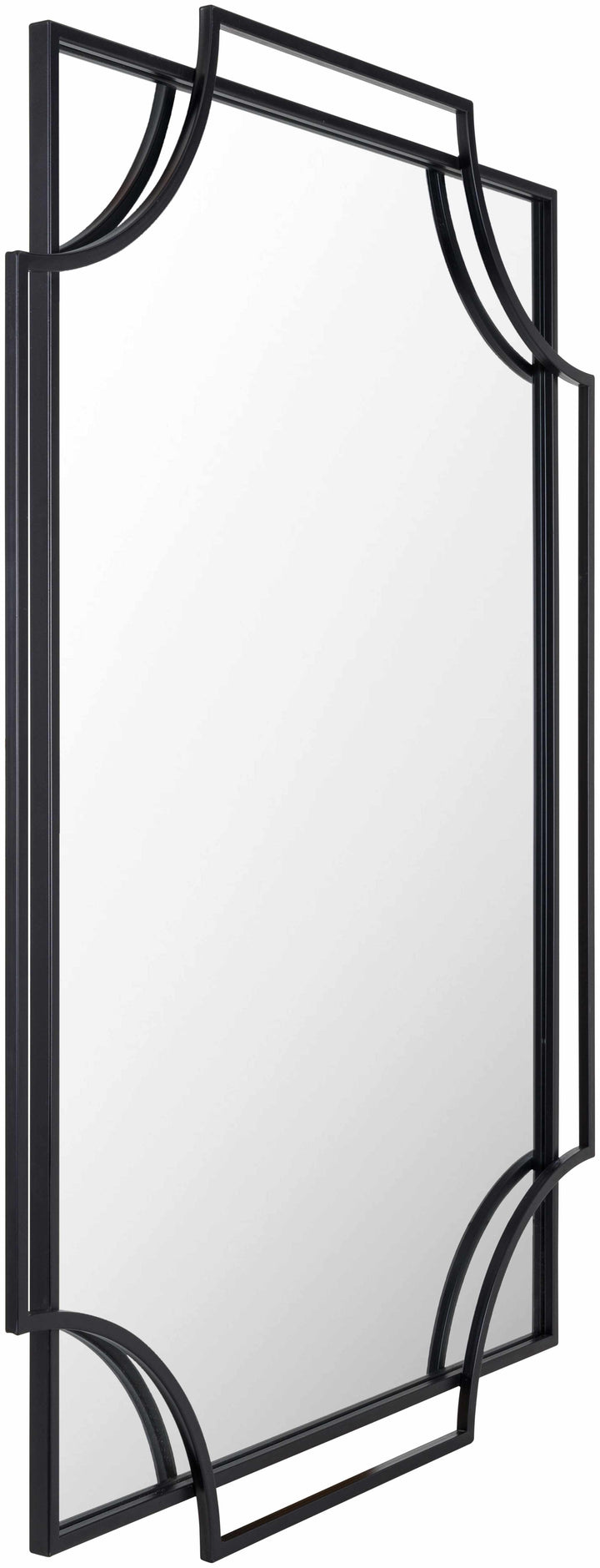 Black metal wall mirror with decorative frame on a white background

Golasecca Black Frame Mirror