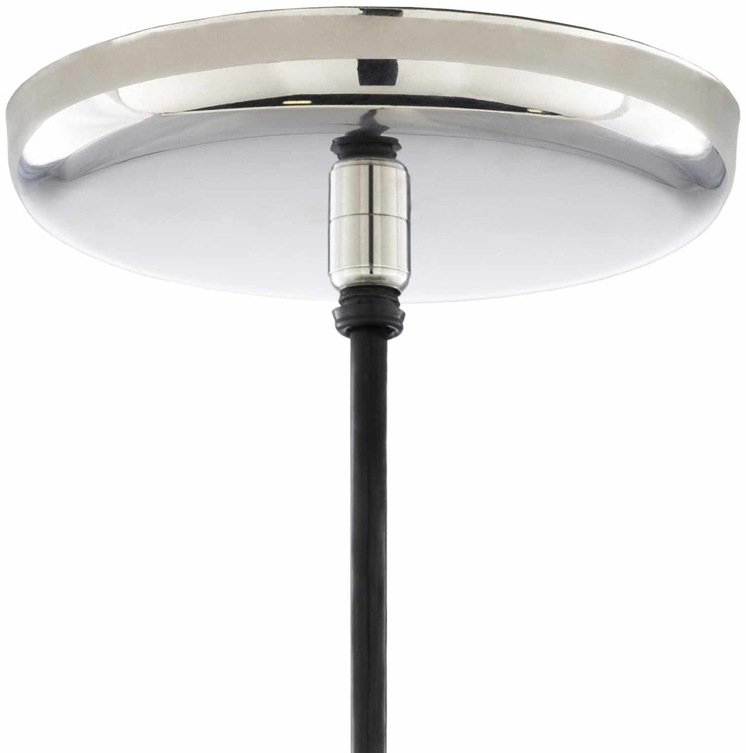 Ceiling light fixture with chrome finish and black cord on a white background

Guisborough Ceiling Light
