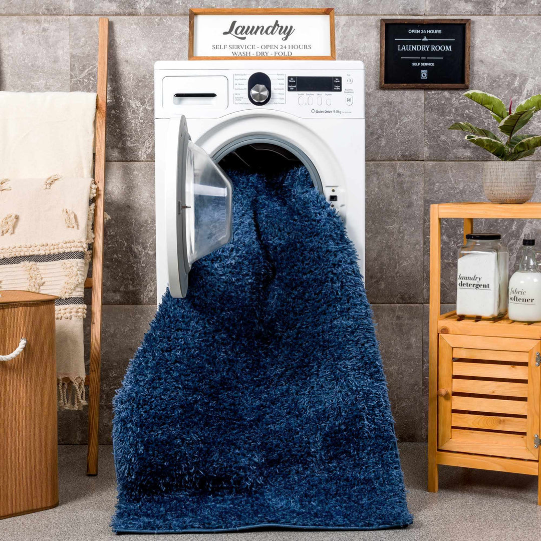 Faina Solid Dark Blue Shag Rug Washable