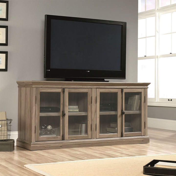 Salt Oak Wood Finish TV Stand with Tempered Glass Doors - Fits up to