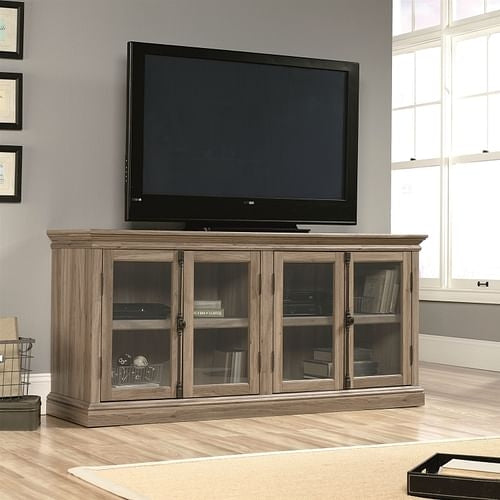 Salt Oak Wood Finish TV Stand with Tempered Glass Doors - Fits up to