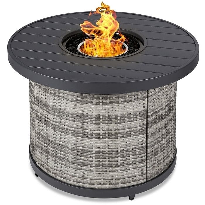 50,000 BTU Grey Wicker Round LP Gas Propane Fire Pit w/ Faux Wood