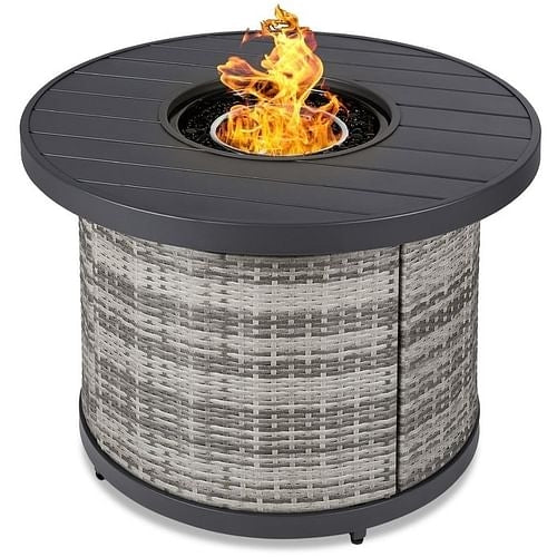50,000 BTU Grey Wicker Round LP Gas Propane Fire Pit w/ Faux Wood