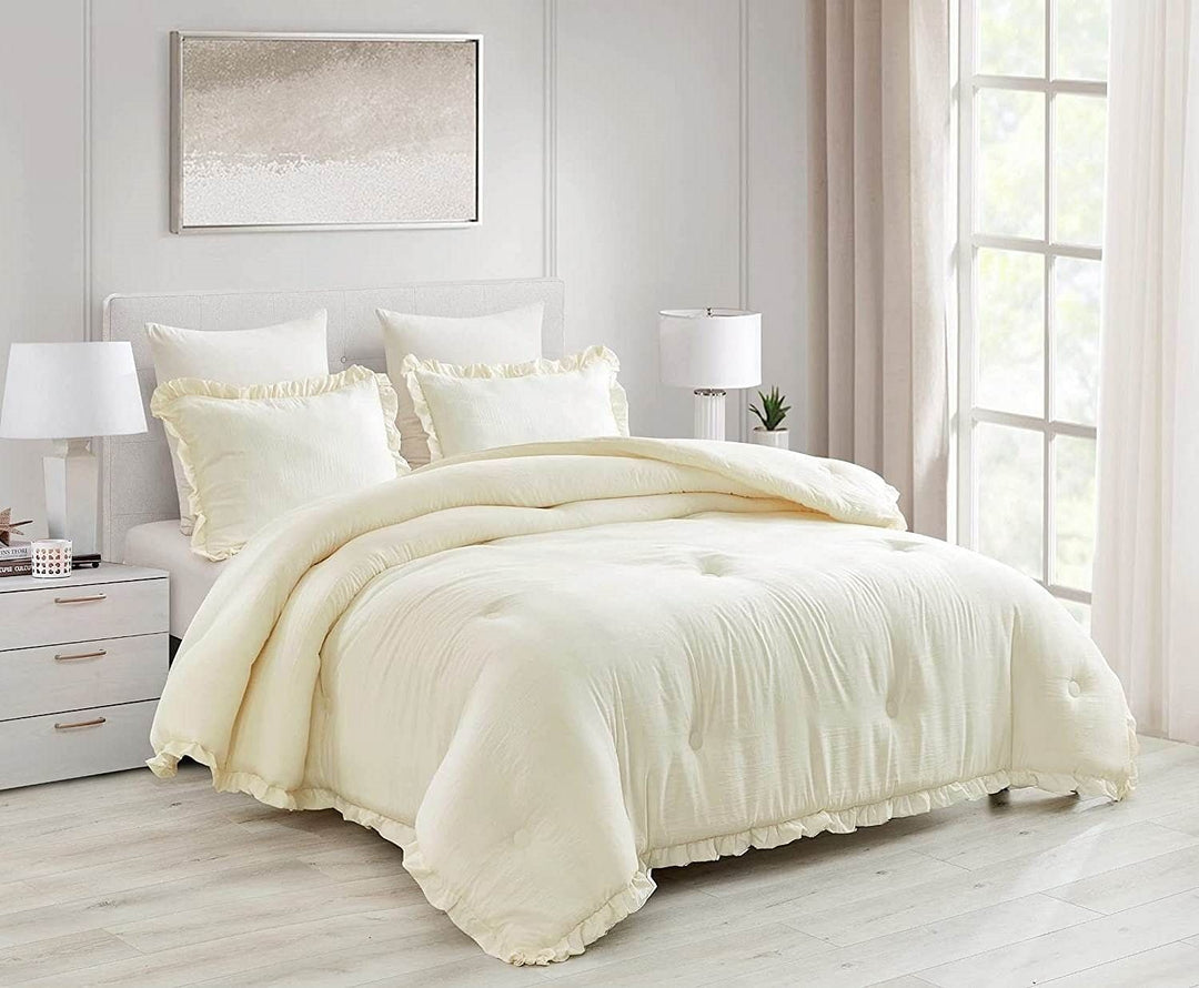 Oversized King Ivory Microfiber 3-Piece Comforter Set with Ruffled