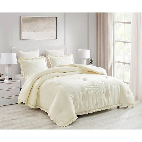 Oversized King Ivory Microfiber 3-Piece Comforter Set with Ruffled