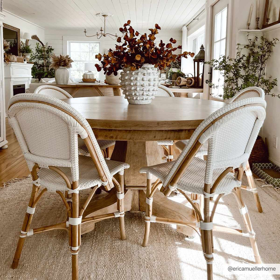 Dining room with wooden table and wicker chairs, decorated with plants.

Iantha Jute Rug