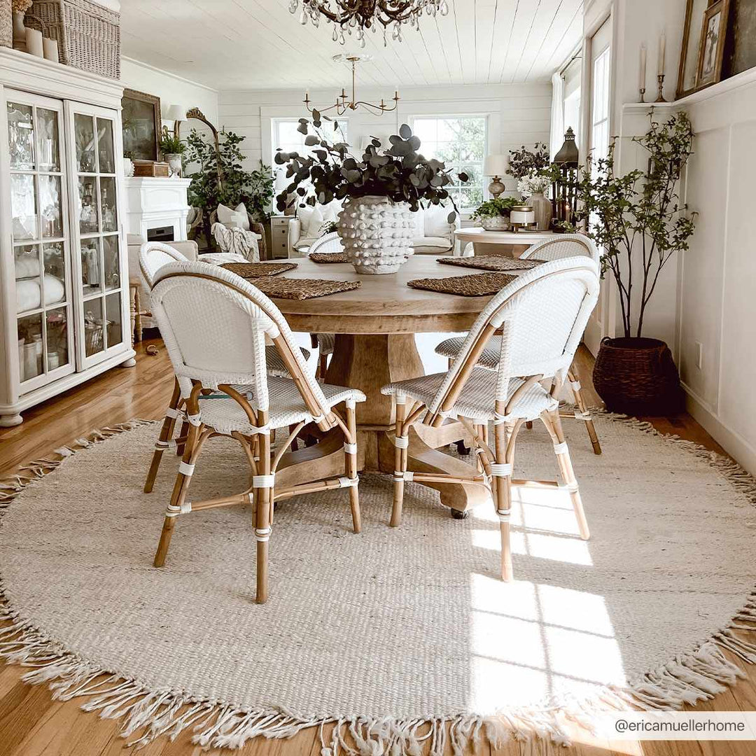 Dining room with wooden table and chairs on a jute rug, decorated with plants and furniture.

Iantha Jute Rug
