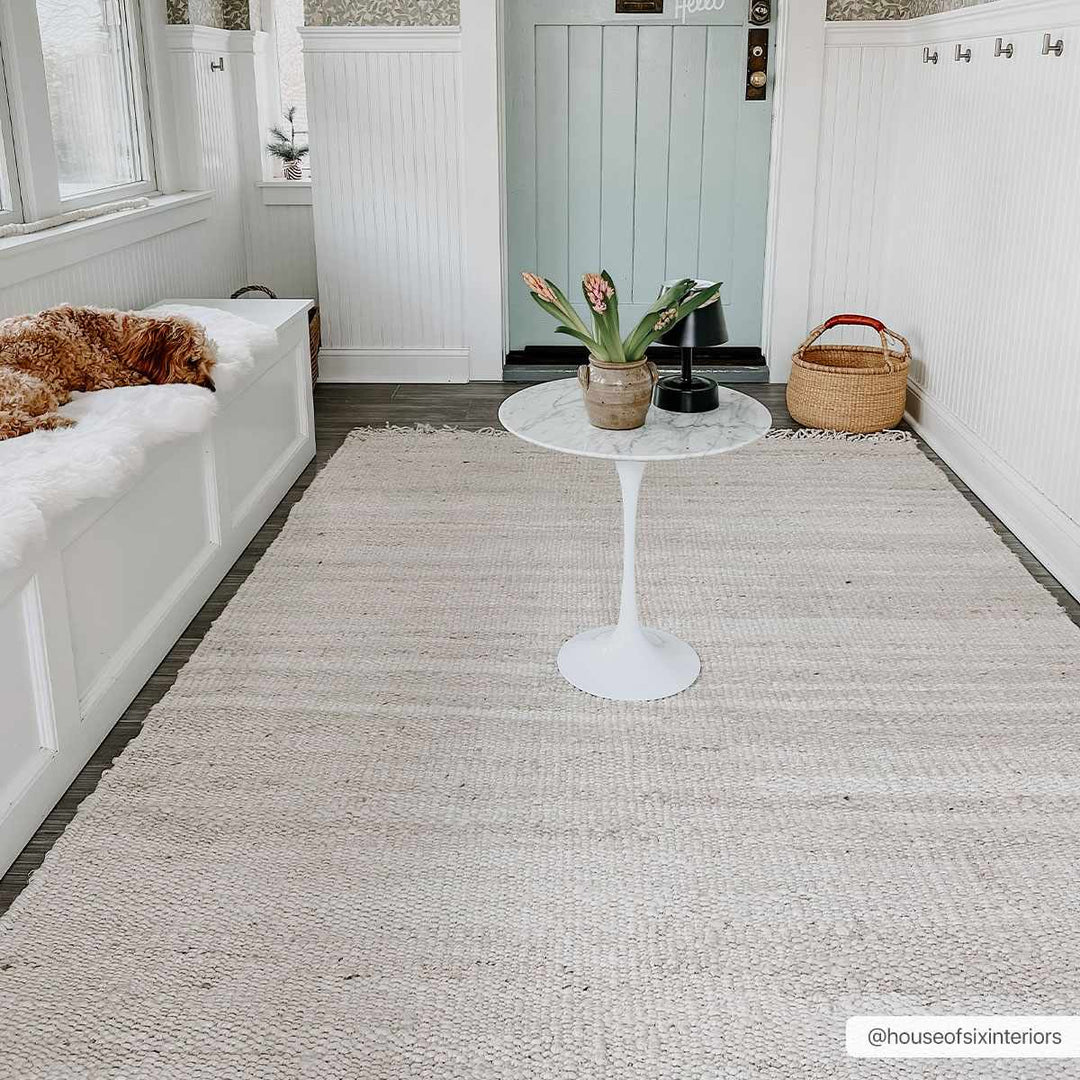 Living room with a textured rug, white bench, and small table with plants.

Iantha Jute Rug