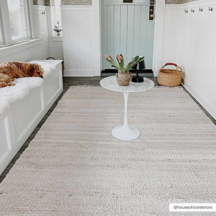 Living room with a textured rug, white bench, and small table with plants.

Iantha Jute Rug