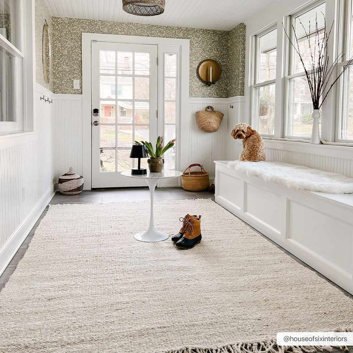 Nestled sunroom with a dog sitting on a bench, a rug, and a door leading outside.

Iantha Jute Rug