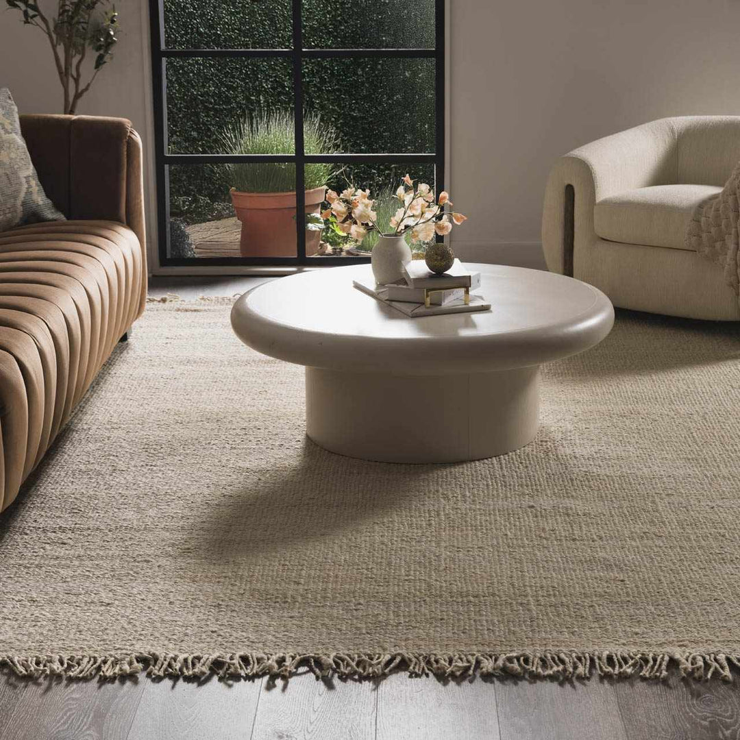 Living room with a round coffee table, beige sofa, and decorative elements.

Iantha Jute Rug
