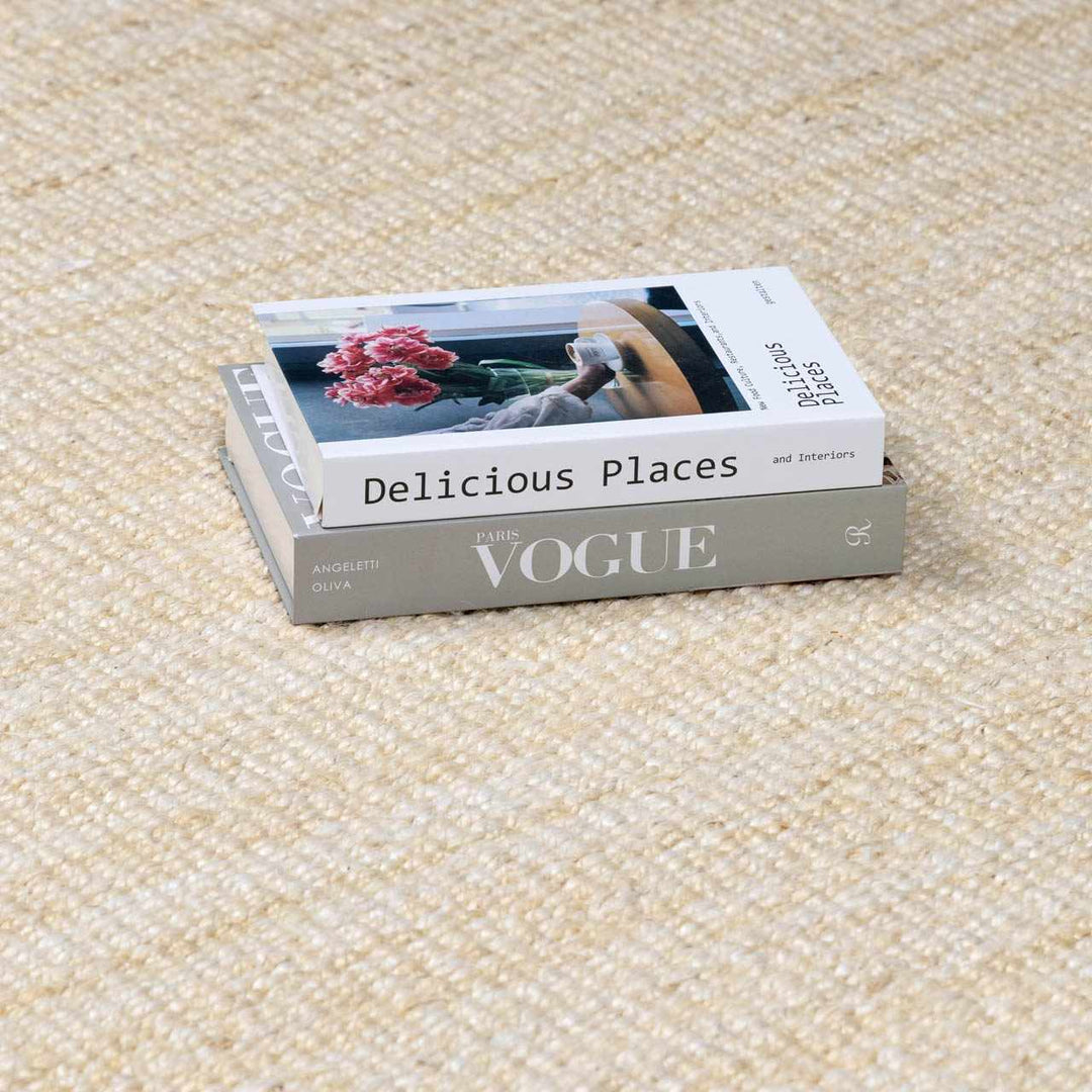 Book titled 'Delicious Places' by Vogue on a textured beige surface

Iantha Jute Rug
