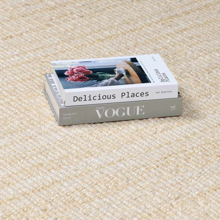 Book titled 'Delicious Places' by Vogue on a textured beige surface

Iantha Jute Rug