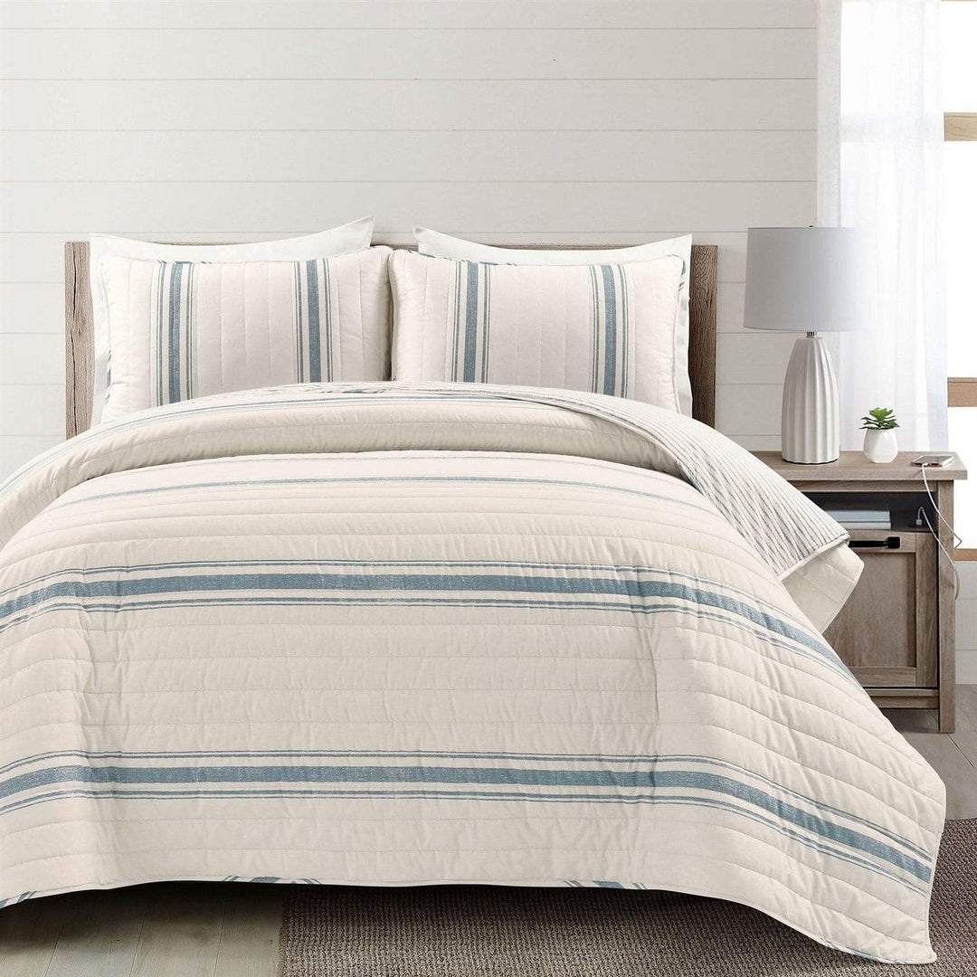 King size Blue Off-White Cream Stripe 3 Piece Reversible Cotton Quilt