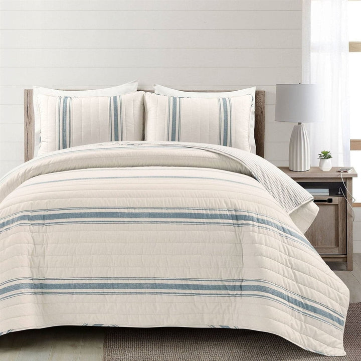 King size Blue Off-White Cream Stripe 3 Piece Reversible Cotton Quilt