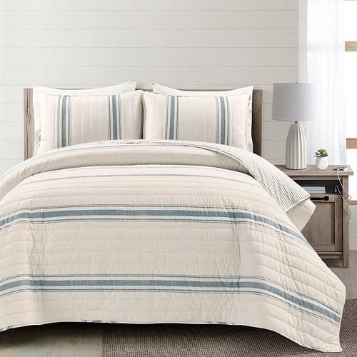 King size Blue Off-White Cream Stripe 3 Piece Reversible Cotton Quilt