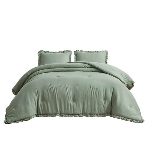 Oversized King Sage Microfiber 3-Piece Comforter Set with Ruffled Edge