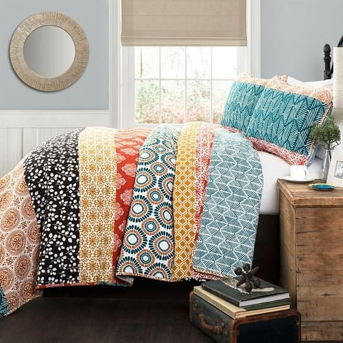 King size Cotton 3 Piece Reversible Teal Orange Bohemian Stripe Quilt