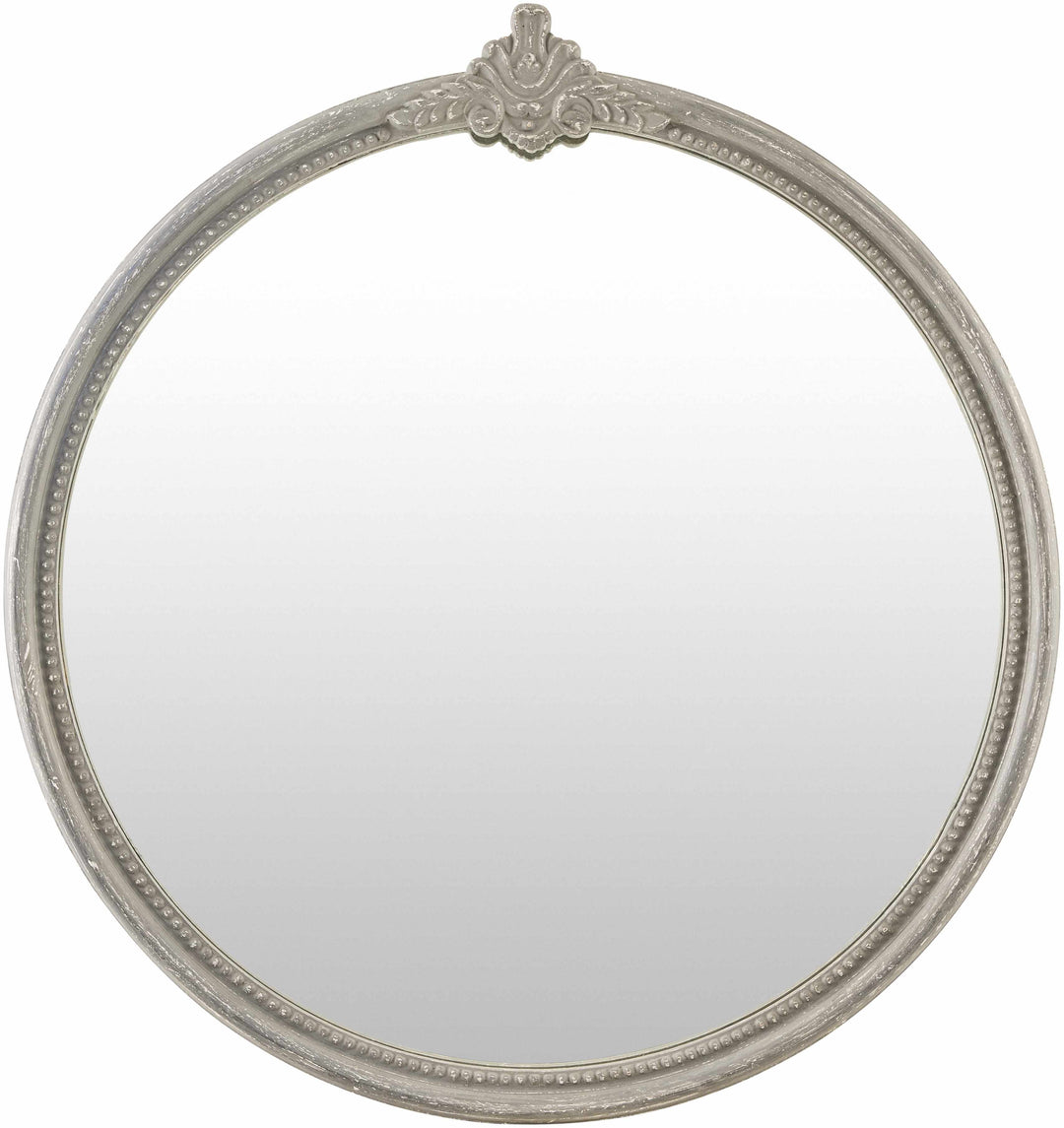 Round mirror with decorative silver frame on a white background

Kandersteg Gray Accent Mirror